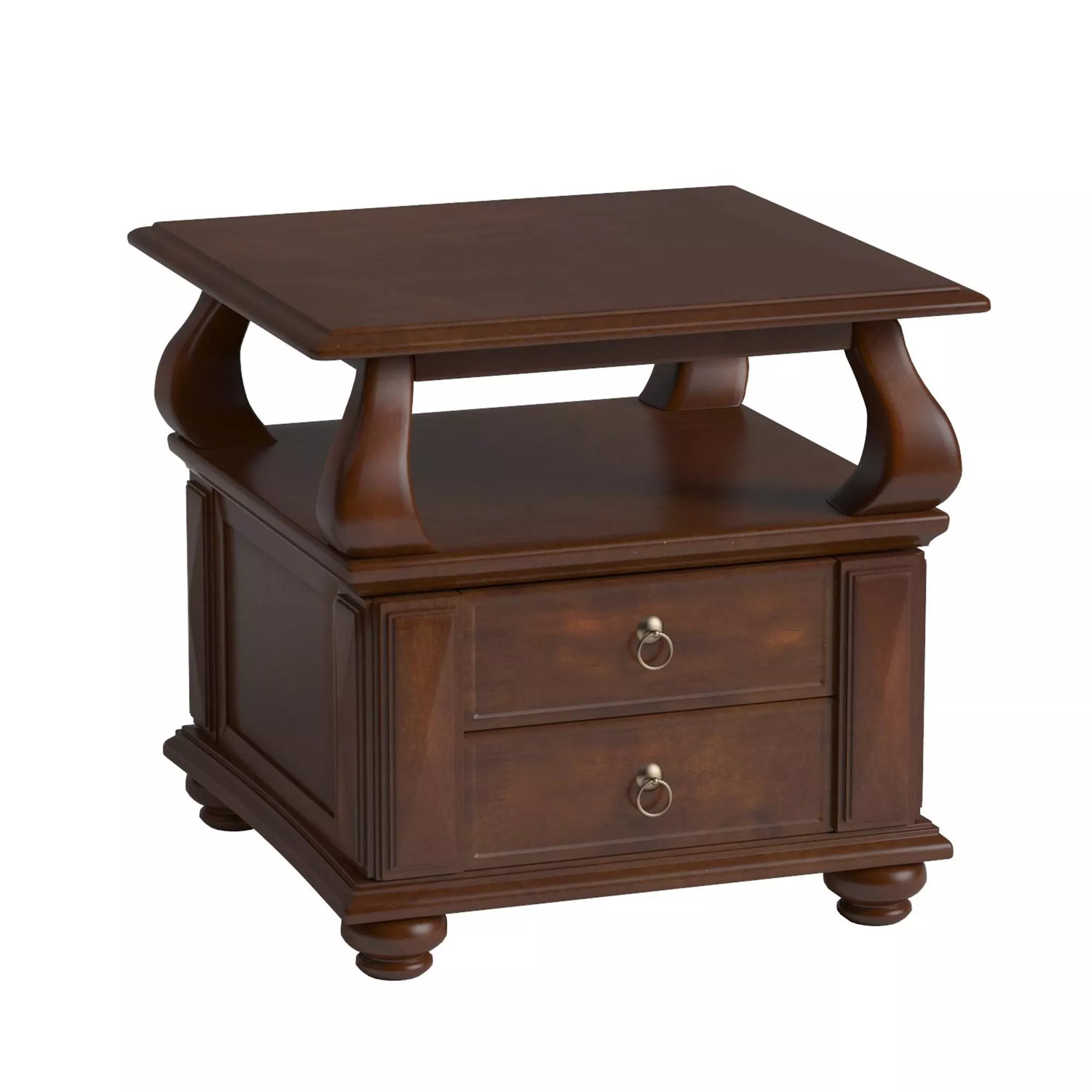 Traditional Solid Wood End Table – Square Shape with 2 Drawers and Shelf