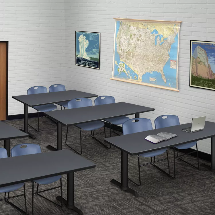 Training Table & Stack Chairs Set, Grey Table, Blue Chairs, 66 x 24 - Regency Seating