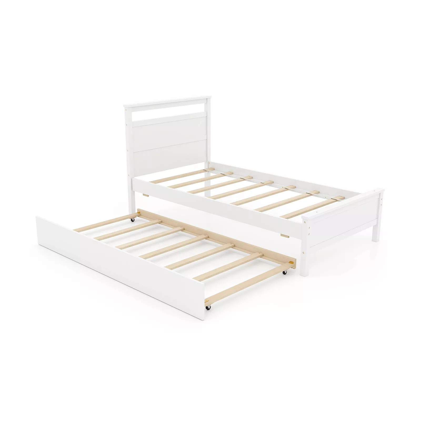Twin Size Wooden Bed Frame with Trundle for Teens and Adults