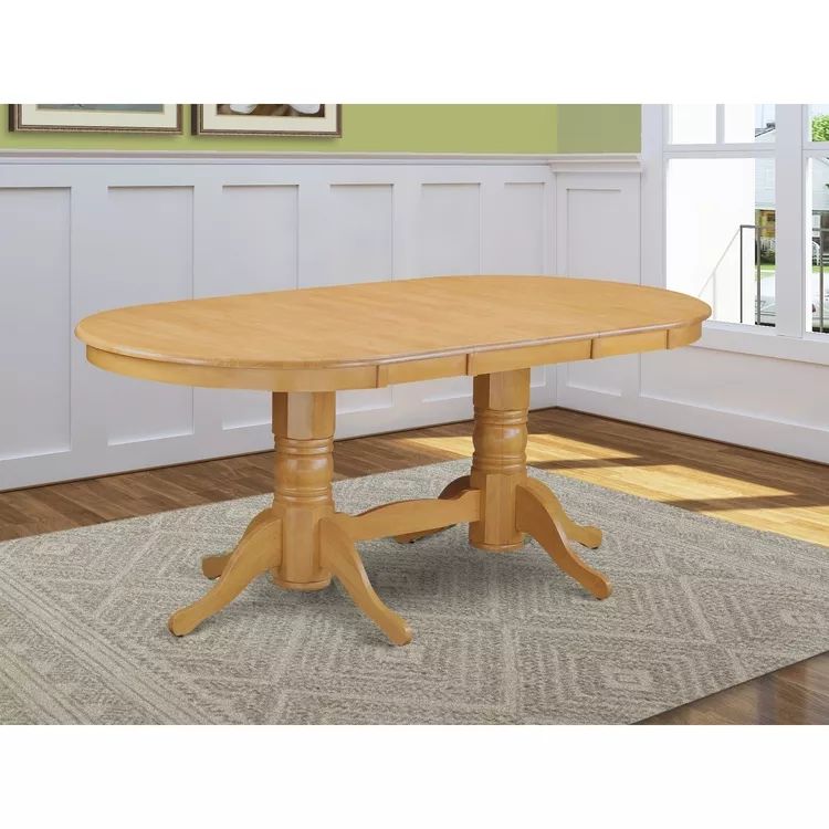 Vancouver rectangular round corner dining table with 17 in self storage leaf finish in Oak