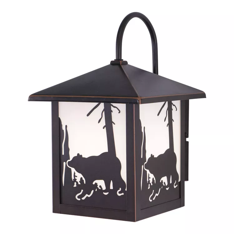 Vaxcel Bozeman 1 Light Bronze Rustic Bear Tree Outdoor Wall Lantern White Glass