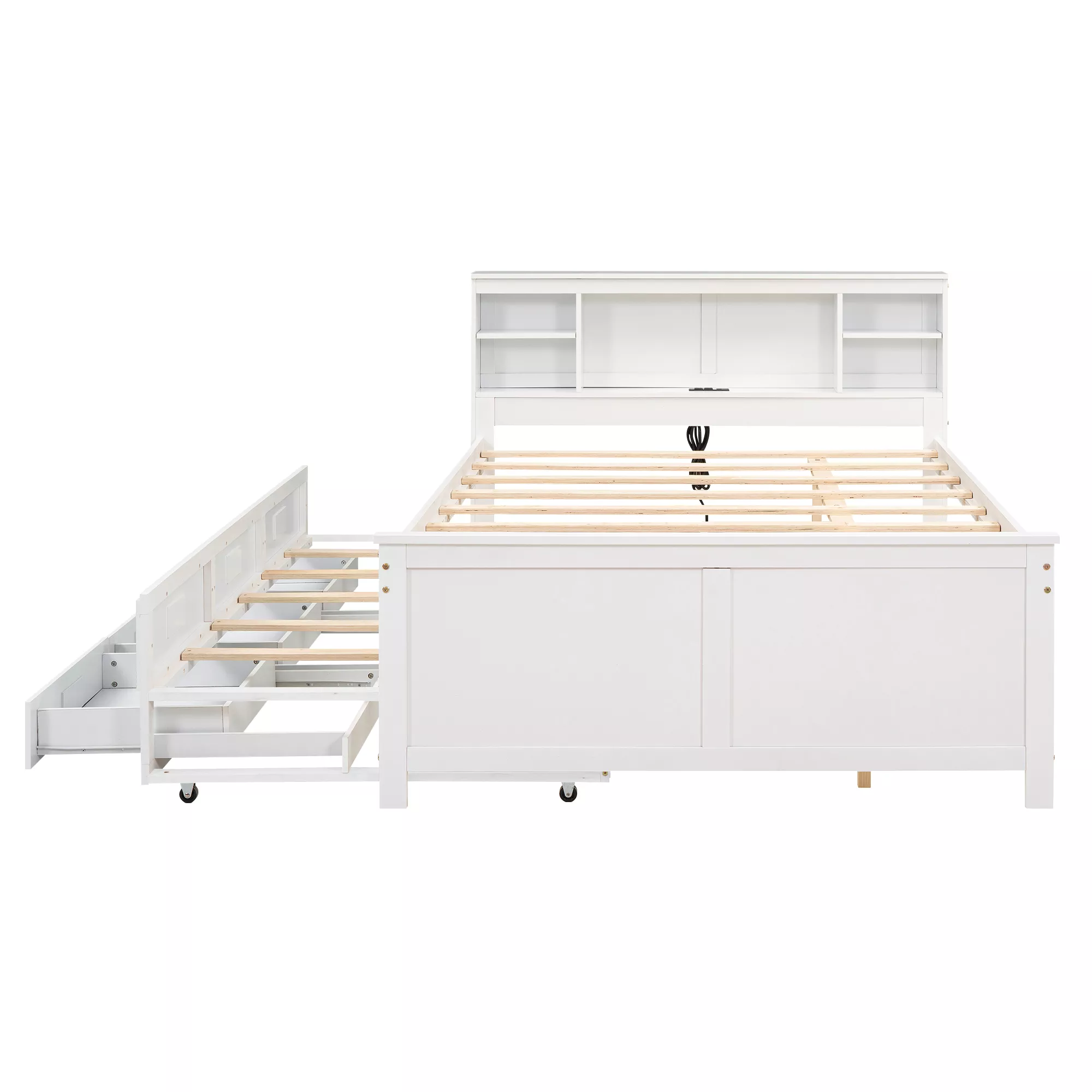 Whisen Platform Bed with Storage Headboard, USB, Twin Size Trundle and 3 Drawers