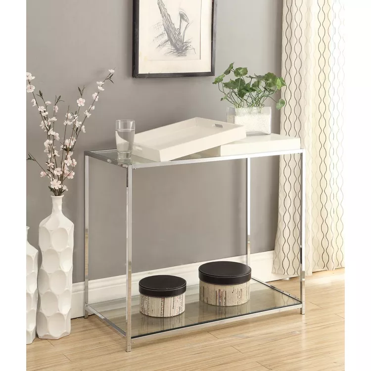 White Console Table with Removable Serving Trays and Glass Top - Convenience Concepts