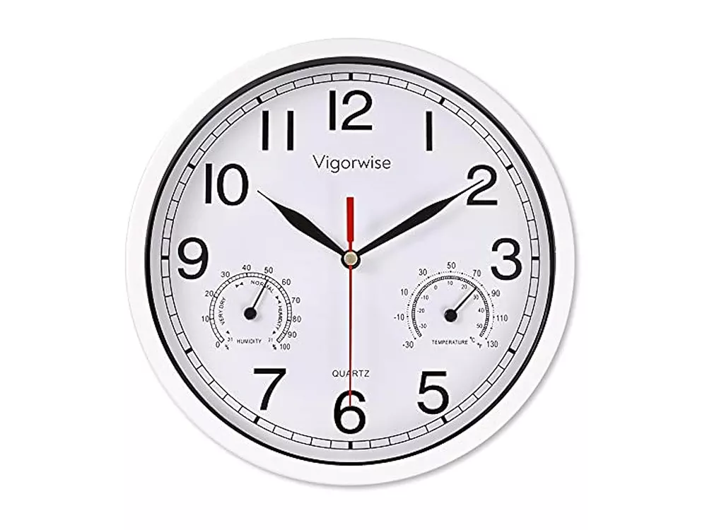 White Sweep Accurate Temperature Humidity Wall Clock 8 Inch Silent