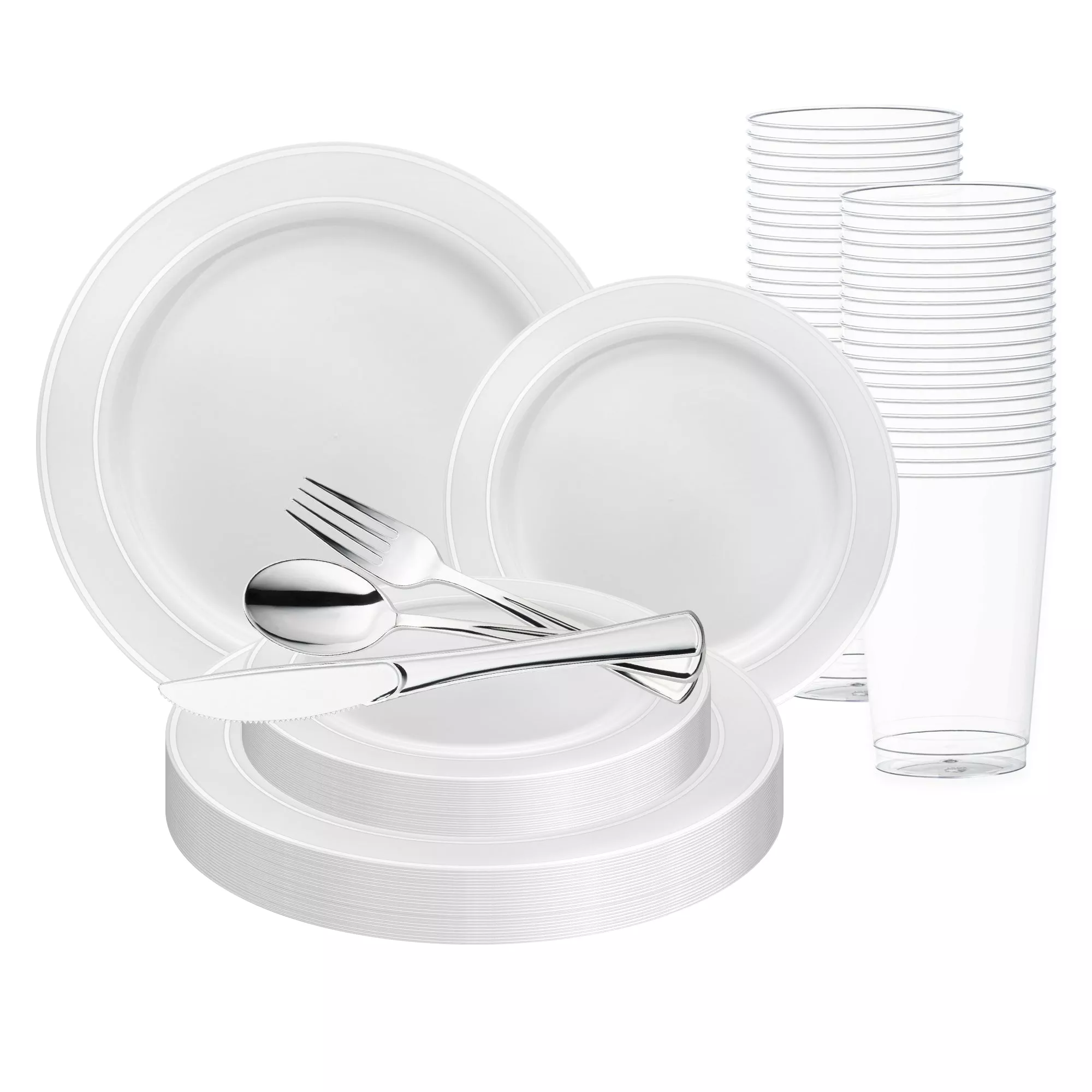 White with Silver Edge Rim Plastic Wedding Value Set (30 Sets)