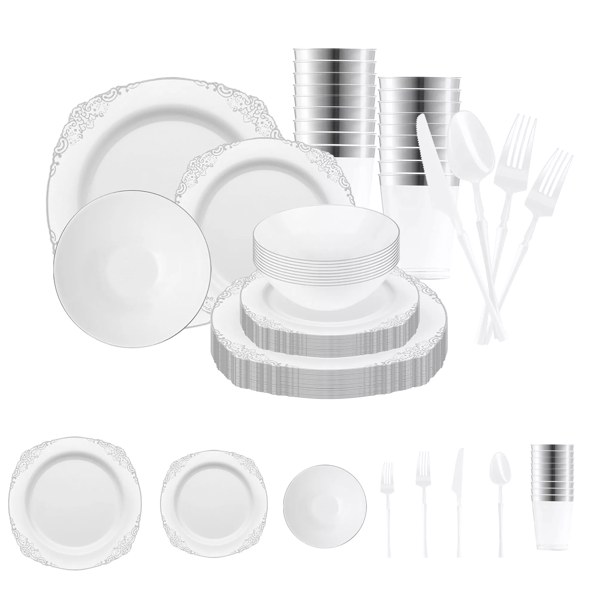 White with Silver Fancy Round Plastic Tableware Set (60 Sets)