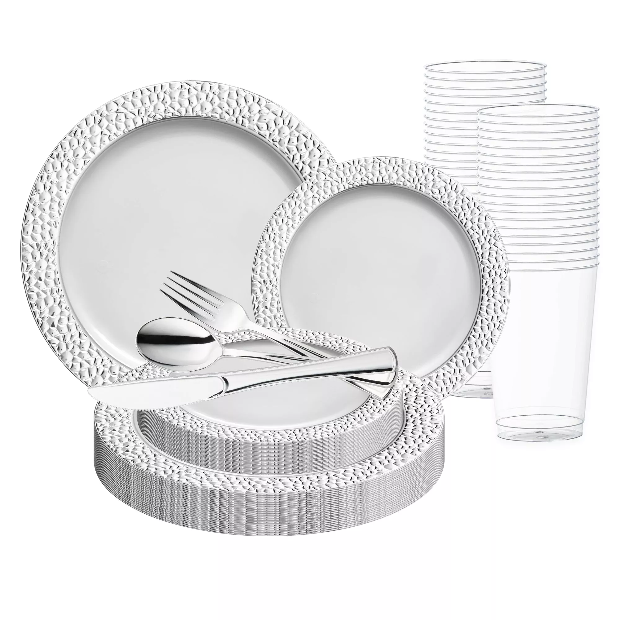 White with Silver Hammered Rim Round Plastic Wedding Value Set (30 Sets)