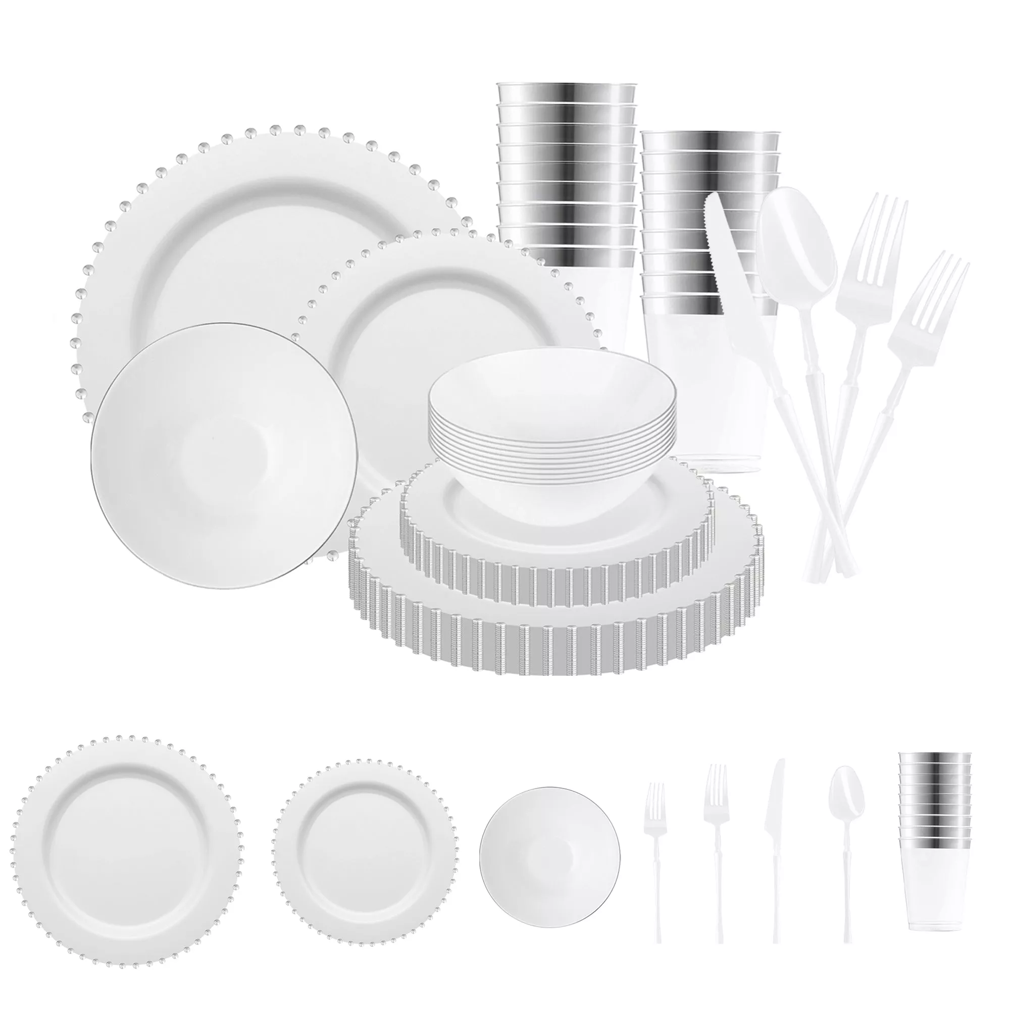White with Silver Pearl String Round Plastic Tableware Set (60 Sets)