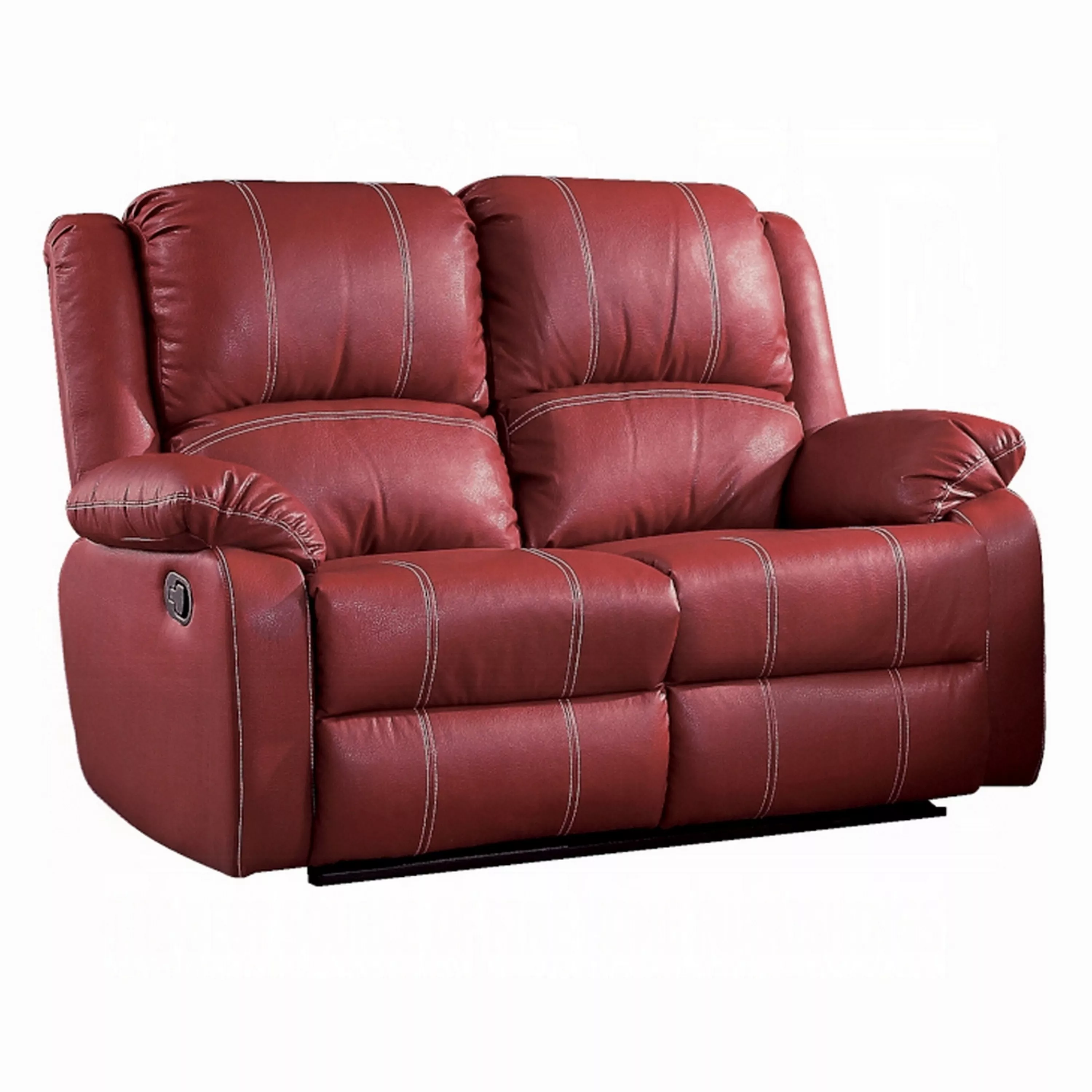 Zuru Motion Manual Recliner Loveseat, Pillow Top, Red Faux Leather - Benzara